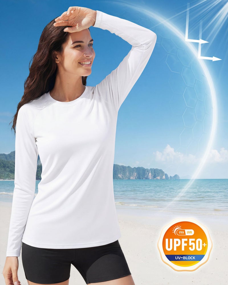 Boladeci Swim Shirts for Woman White Long Sleeve Sun Shirts Uv Protection Rash Guard SPF Cooling Workout XL - Image 3